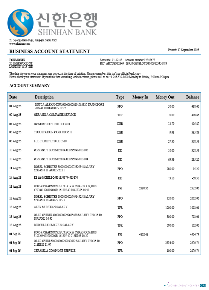 Download South Korea Shinhan business checking account statement Word and PDF template Photoshop template